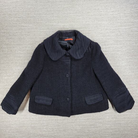 Alice + Olivia Boucle Wool Jacket Womens M Black Silk Crepe Trim Cropped Buttons - Picture 1 of 16